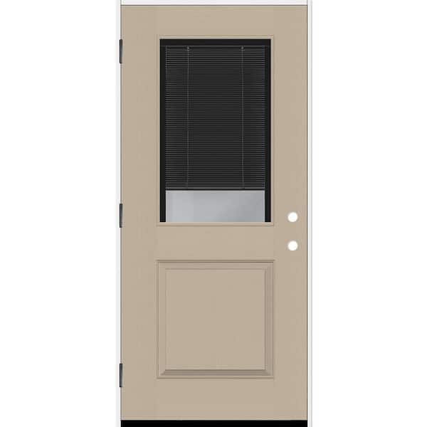 Steves & Sons Legacy 30 in. x 80 in. 1/2 Lite Clear Glass Noir Miniblind RHOS Sandstone Fiberglass Prehung Door w/6-9/16 in. Jamb