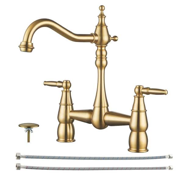 Deck Mounted Double Handle Bridge Kitchen Faucet, Bridge Basin Faucet with Hole Cover in Brushed Gold