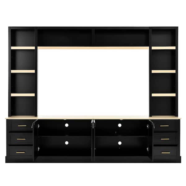 Farmhouse Black 4-Piece Entertainment Center Fits TVs up to 75 in. with Adjustable Shelf, 6 Drawers, Bookshelves