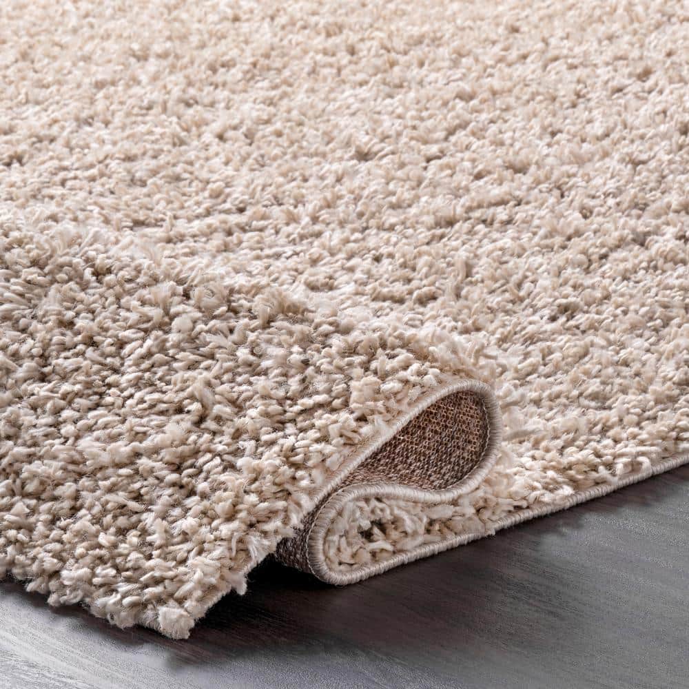 Beige Solid Shag Reversible Synthetic Runner Rug