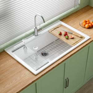 Workstation 36 in. Drop-In Kitchen Sink 1 Faucet Hole Single Bowl White Fireclay Sink with Cutting Board