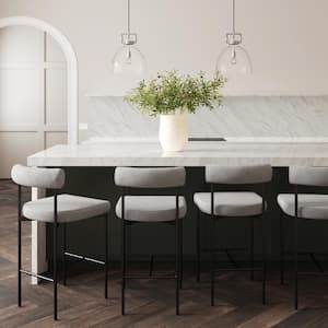Dahlia 26 in. Mid-Century Modern Black Metal Counter Height Bar Stool with Low Back and Light Gray Fabric Seat, Set of 4
