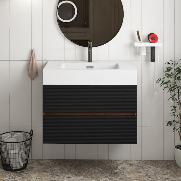 30 in. Wall Mounted Black+Brown Bath Vanity with White solid surface Top Unassembled