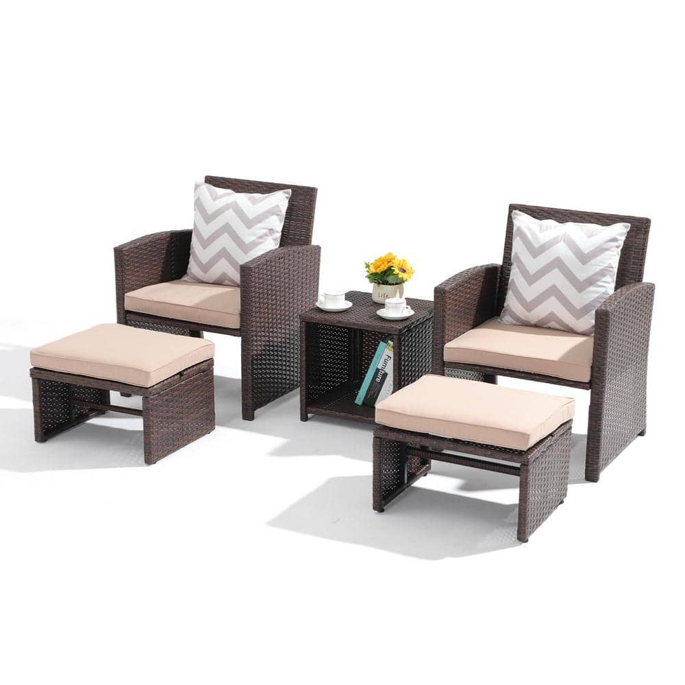 5-Piece Brown Wicker Patio Conversation Set with Beige Cushions