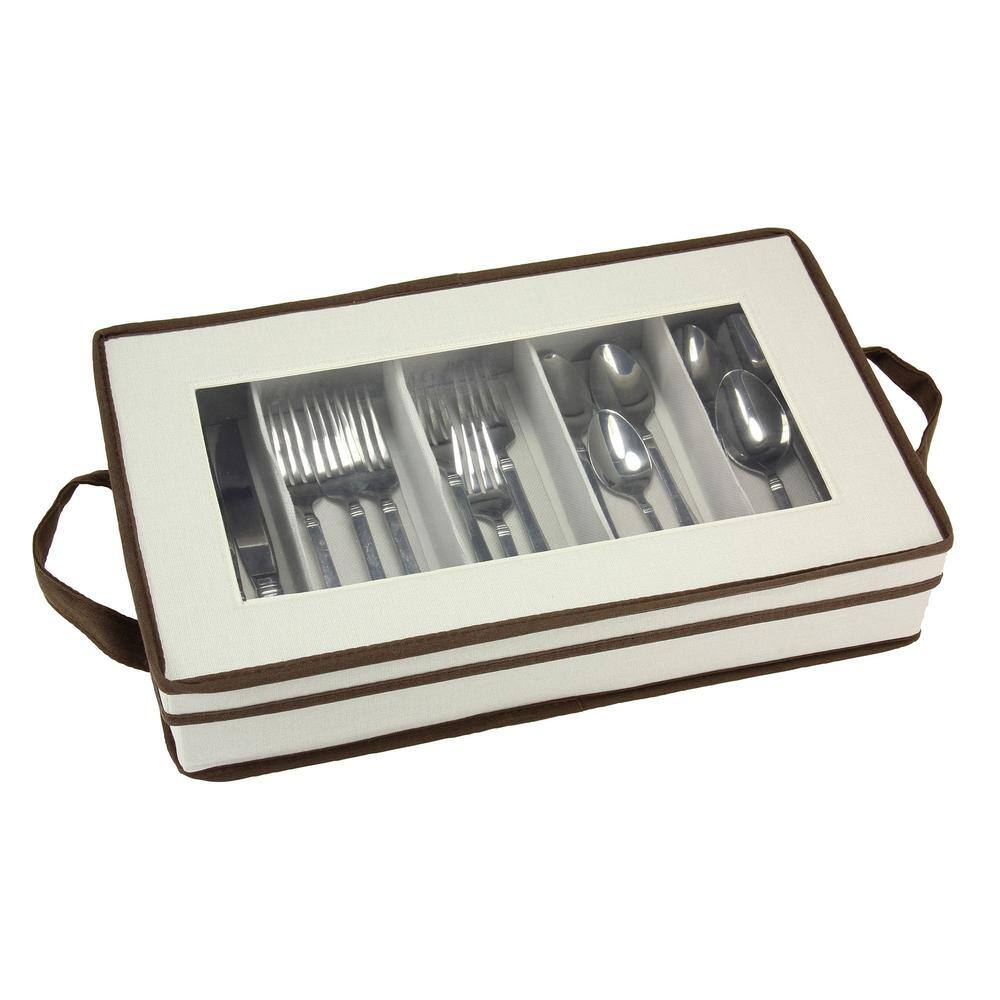 Natural Canvas Flatware Storage Chest with Brown Trim