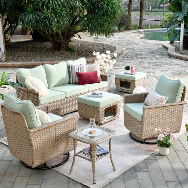 HOOOWOOO Echo Beige 6-Piece Wicker Multi-Function Patio Conversation Sofa Set with Swivel Rocking Chairs and Mint Green Cushions