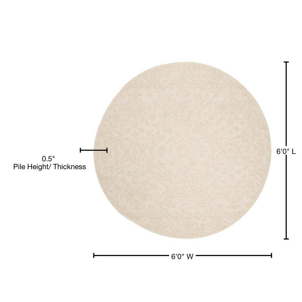 Ivory Floral Handmade Wool Round Area Rug, 6' Diameter