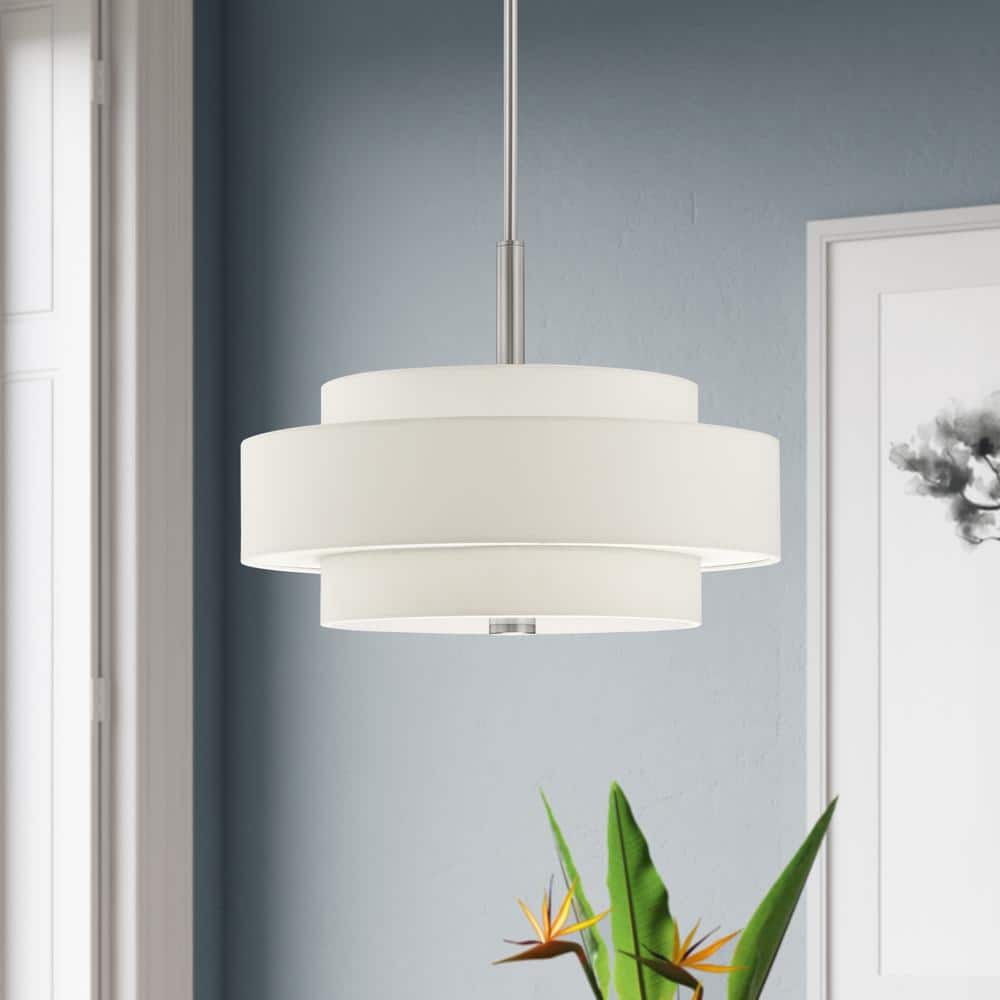 Meridian Brushed Nickel 4-Light Pendant with Off-White Fabric Shade