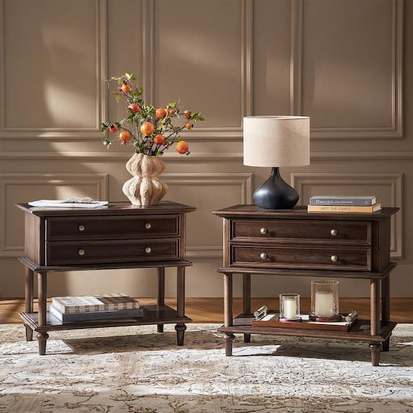 Constantin Walnut 1-Drawer 28.4 in. W Nightstand with Built-In Outlets and USB Ports (Set of 2)