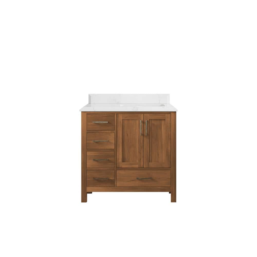 "Malibu Teak 36 in. W x 22 in. D x 36 in. H Right Offset Sink Bath Vanity in Gold Teak with 1.5"" Empira Quartz Top" price history on PriceWatchPro