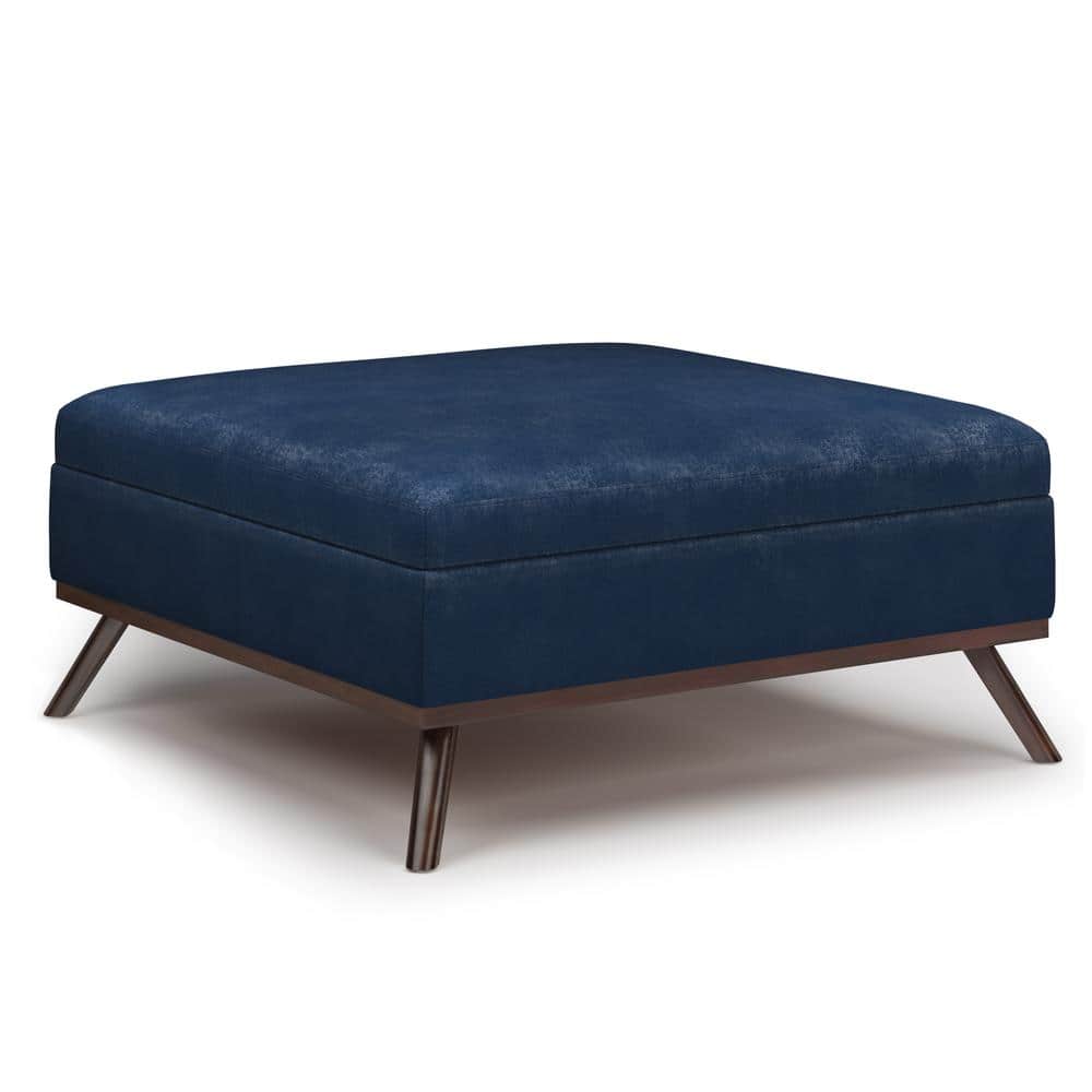 Simpli Home Owen Square Coffee Table Storage Ottoman in Distressed Dark Blue Faux Leather