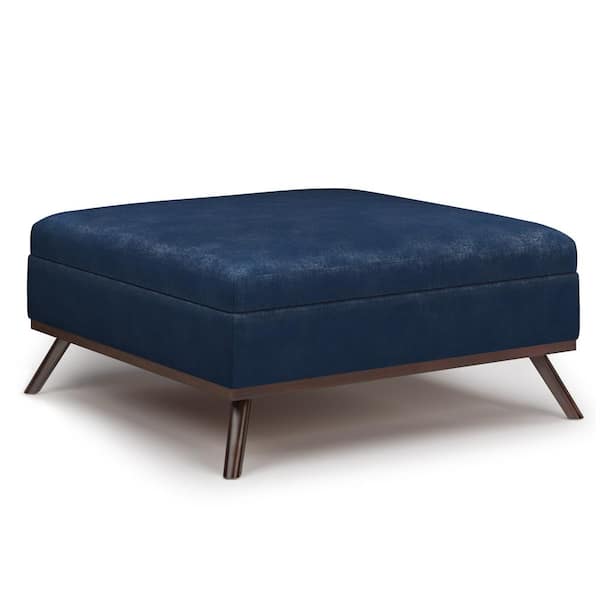 Simpli Home Owen 36 in. Wide Mid Century Modern Square Coffee Table Storage Ottoman in Distressed Dark Blue Vegan Faux Leather