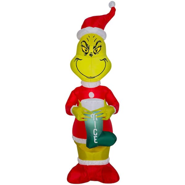 Home Accents Holiday 4 ft. Pre-Lit Inflatable Grinch with "Nice" Stocking