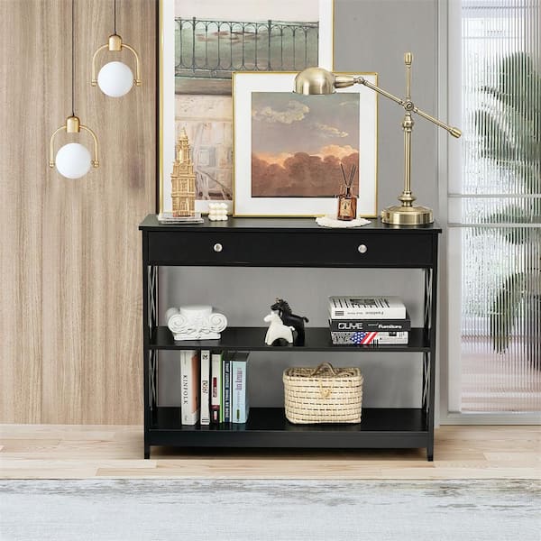 39 in. Black Rectangle 3-Tier Wood Top Console Table X-Design Sofa Entryway Table with Drawer and Shelves