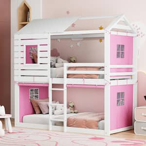 Pink Twin Over Twin Wood Frame House Bunk Bed with Ladder, Tent and Roof Design