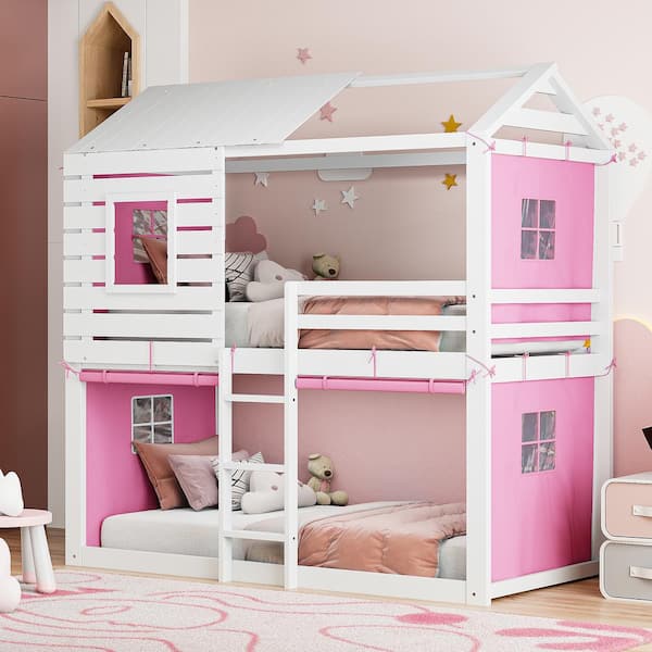 Harper & Bright Designs Pink Twin Over Twin Wood Frame House Bunk Bed ...