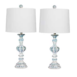 Pair of 26.5 in. Candlestick Resin Table Lamps in a Cottage Antique Blue