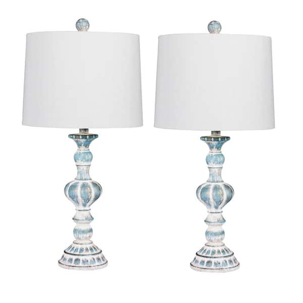 Fangio Lighting Pair of 26.5 in. Candlestick Resin Table Lamps in a Cottage Antique Blue