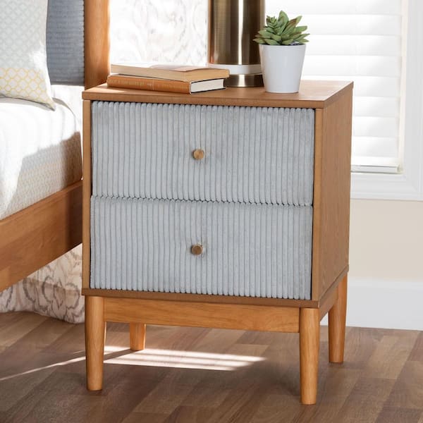 Baxton Studio Taylin Grey Corduroy and Oak Brown Wood 2-Drawer Nightstand