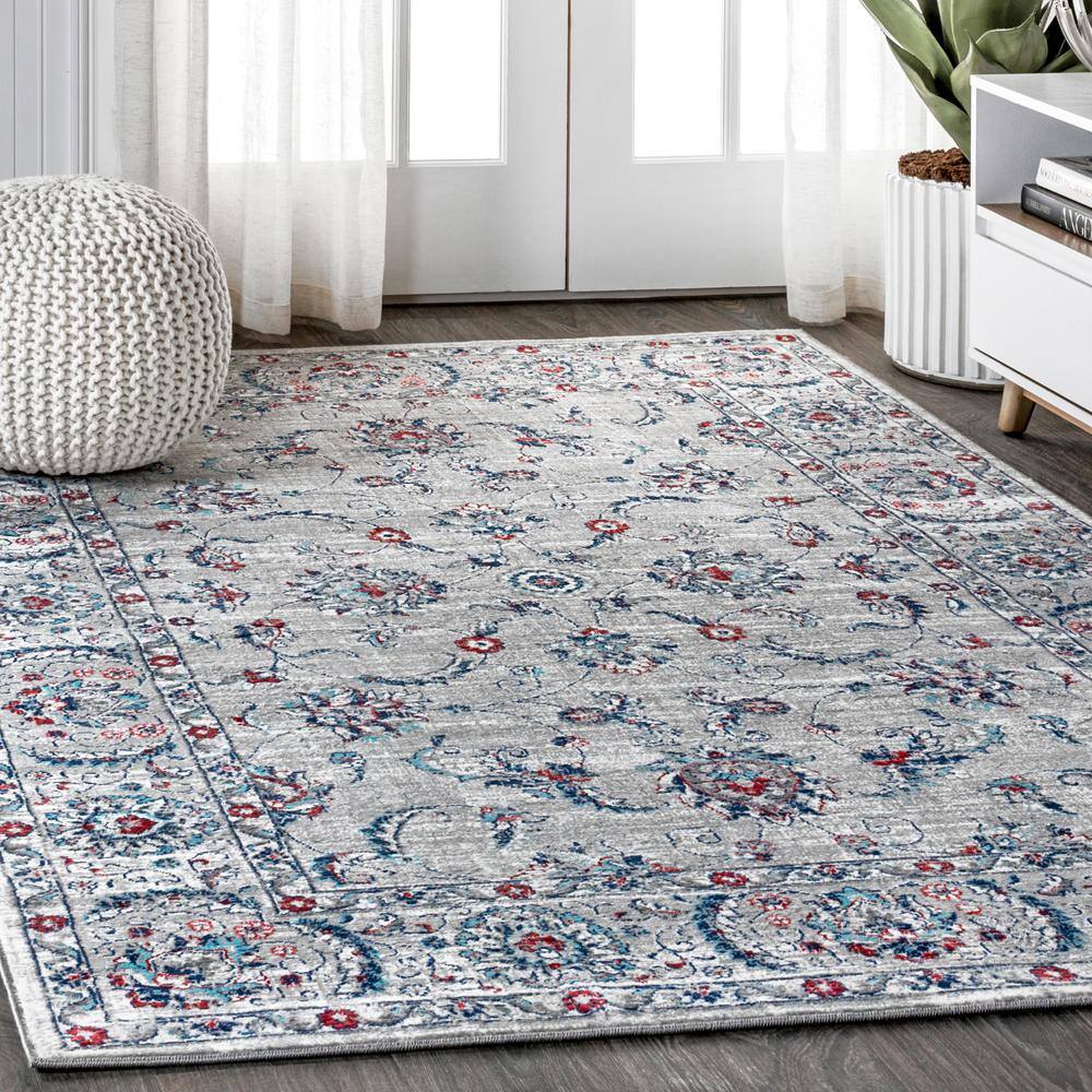 Elegant Light Grey & Red Vintage Synthetic Area Rug 8' x 10'