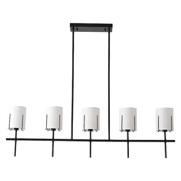Modern 5-Light Black Linear Island Chandelier with white Fabric Shades for Kitchen Island