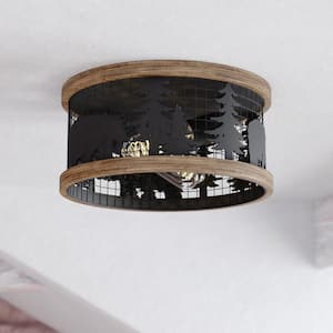 Kodiak 12 in. W Black Rustic Round Cage Flush Mount Ceiling Light Fixture Moose and Tree Motif
