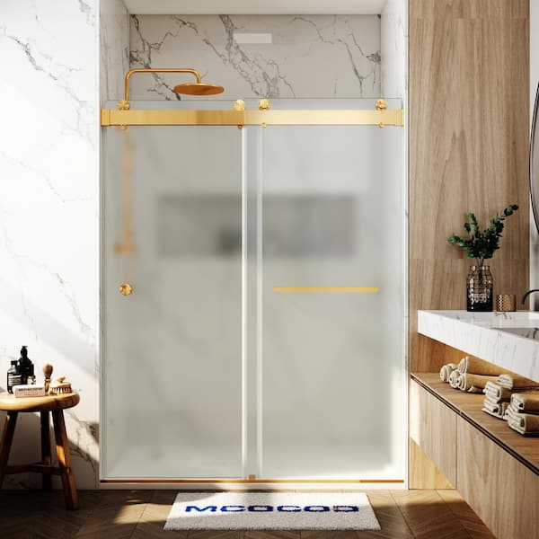 MCOCOD 56-60.75 in. W x 79 in. H Double Sliding Frameless Soft Close Shower Door in Brushed Gold with 3/8 in. Frosted Glass
