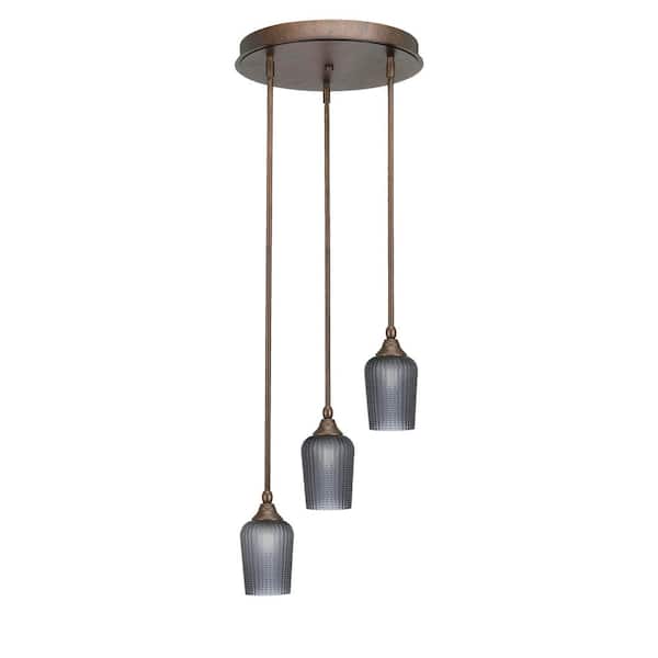 Unbranded Villa 60-Watt 14.5 in. 3 Light Bronze Stem Pendant Light with 5 in. Smoke Textured Glass Shade No bulbs included