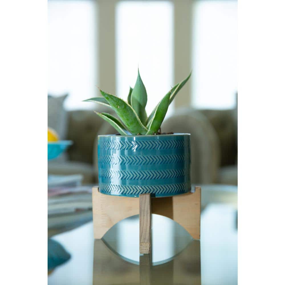 Mayan Teal Glass 6'' Ceramic Planter on Wooden Stand