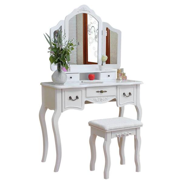 Details about   Tri Folding Mirror Vintage Vanity Makeup Dressing Table Set 5 Drawers White 