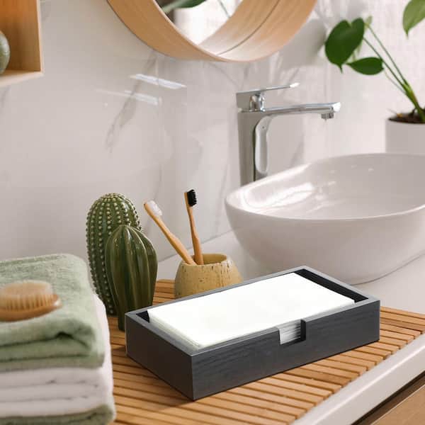 Countertop Black Wood Guest Towel Holder Tray 2 Inch Tall Napkin Storage Basket for Bathroom and Kitchen Decor