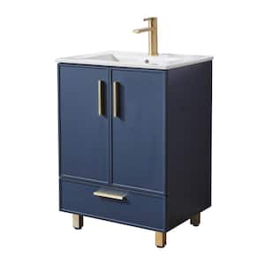 24 in. W x 18 in. D x 34 in. H Blue Modern Bathroom Vanity with White Single Ceramic Sink Top