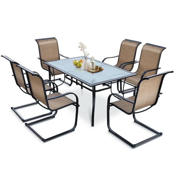 Gymax 7-Pieces Patio Dining Furniture Set Chair 60 in. Glass Table With Umbrella Hole
