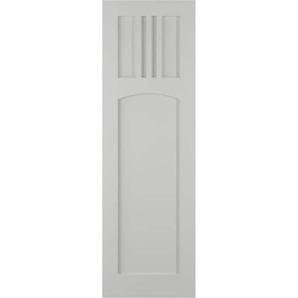 Ekena Millwork 15 in. x 69 in. PVC True Fit San Miguel Mission Style Fixed Mount Flat Panel Shutters Pair in Hailstorm Gray