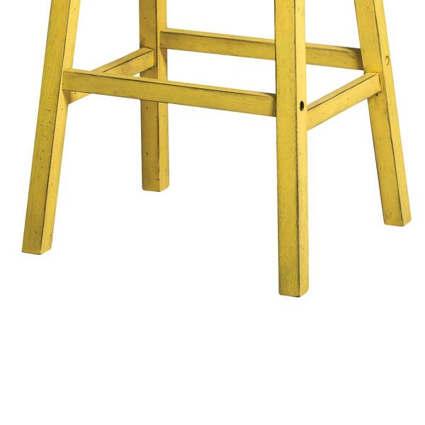 Benjara Distressed Yellow Wooden Barstool with Saddle Design Seat