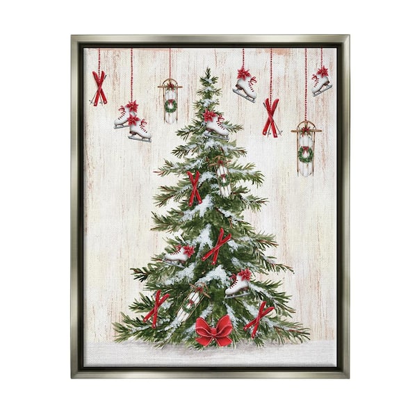 Stupell Industries Ice Skates and Sleds on Tree by Emma Leach 1 Piece Floater Frame Graphic Print Nature Poster Art Print 31 in. x 25 in.