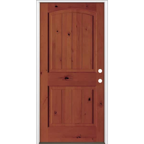 42 in. x 80 in. Rustic Knotty Alder Top Arch V-Groove Left-Hand/Inswing BEHR Amaretto Stain Wood Prehung Front Door