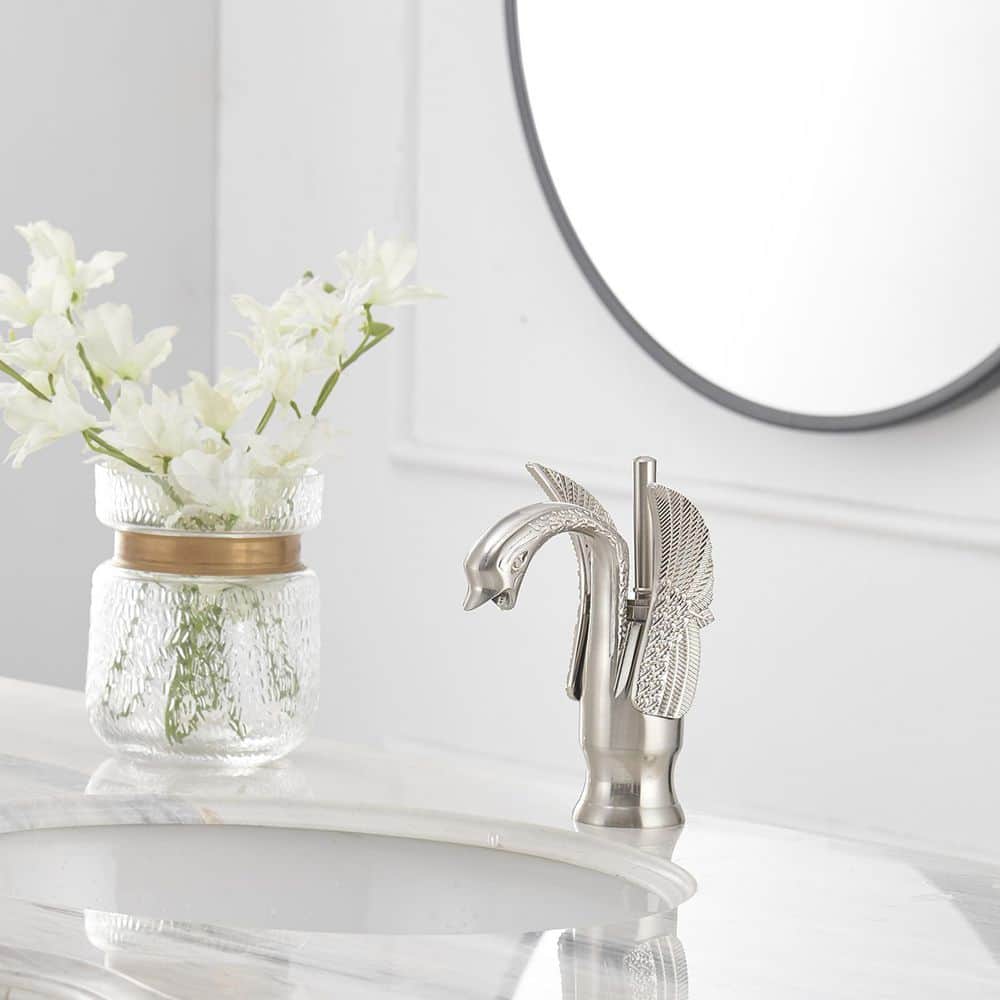 Brushed Nickel Swan Single Handle Bathroom Faucet with Pop Up Drain