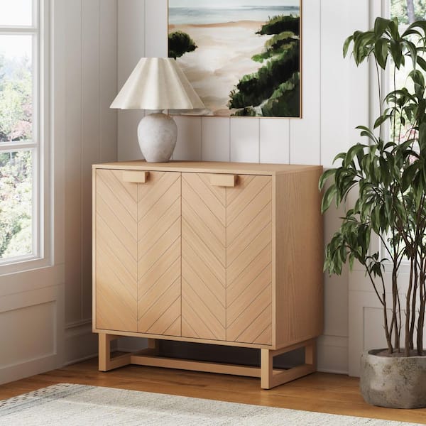 Enloe Raw Oak Solid Wood 31 in. Modern Sideboard Accent Cabinet with Freestanding Base