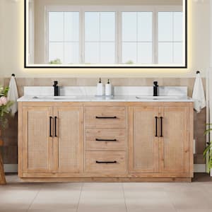 Floral 72 in. W x 22 in. D x 33 in. H Double Sink Freestanding Bath Vanity in Brown with Calacatta White Quartz Top