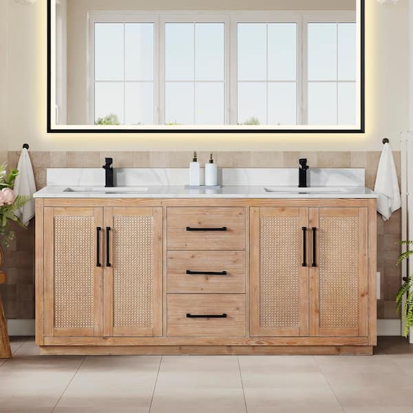 Altair Floral 72 in. W x 22 in. D x 33 in. H Double Sink Freestanding Bath Vanity in Brown with Calacatta White Quartz Top