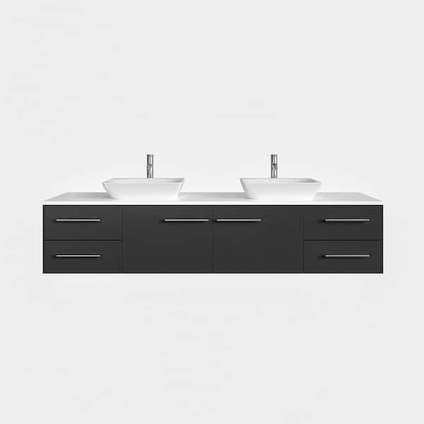 Wave 60 in. Double Sink Floating Espresso Bath Vanity with White White Quartz Top (Assembled)