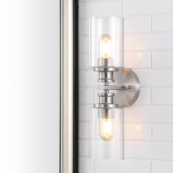 JONATHAN Y Jules Edison 16.5 in. 2-Light Nickel Cylinder Iron/Seeded Glass Farmhouse Contemporary LED Vanity Light
