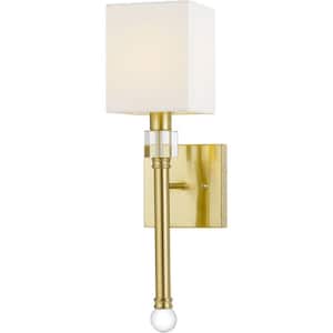 18 in. H Wallis 1-Light Wall Sconce for Hardwire Installation Only, Crystal Accents and Square Shade, Gold/Ivory
