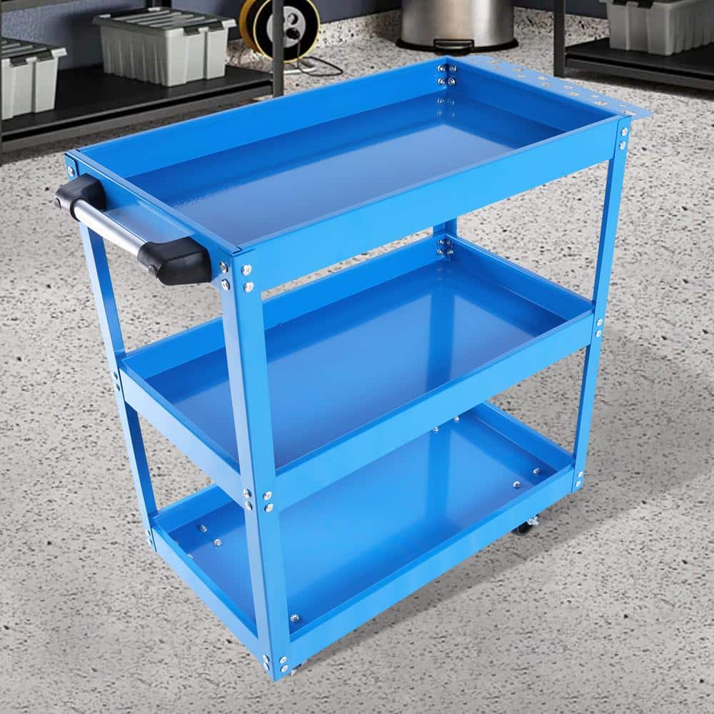 Blue 3-Tier Heavy Duty Steel Utility Cart with Lockable Wheels