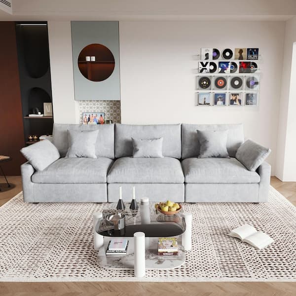 119 in. Square Arm Linen 3-Piece Oversized Modern Comfy Cloud Modular Sectional Sofa Couch in Gray