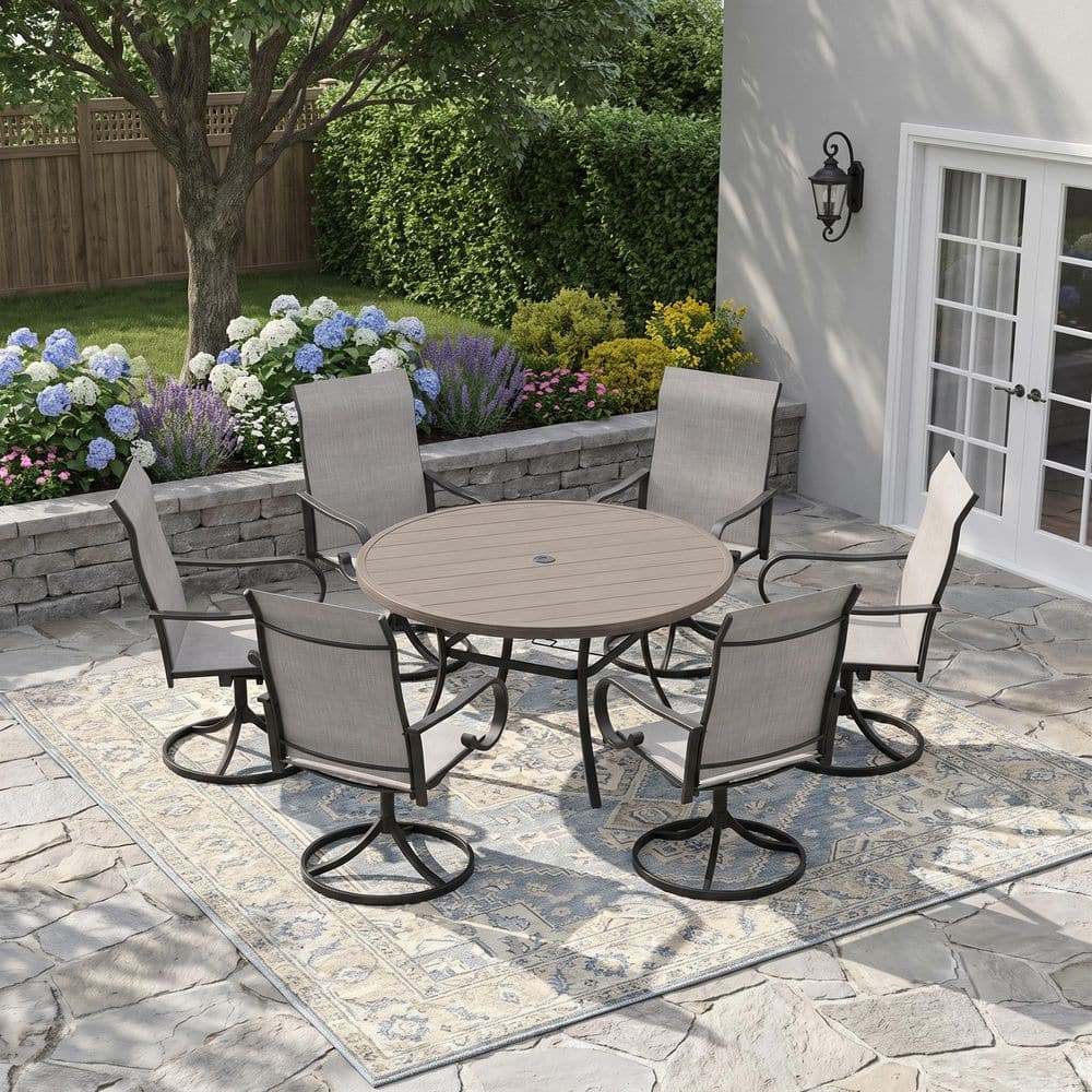 7-Piece Metal Outdoor Dining Set with 50 in. Gray Wood-Like Round Table and 6 Gray 360° Swivel Textilene Dining Chairs price history on PriceWatchPro