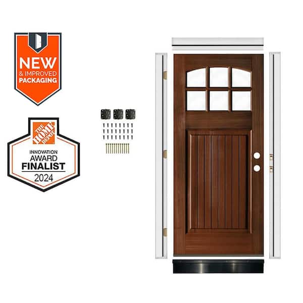 36in.x 80in.Left-Hand 6-Lite Arch Clear Glass Red Mahogany Stain Hemlock Wood Front Door Kit Plus Quick Assemble Jamb VG