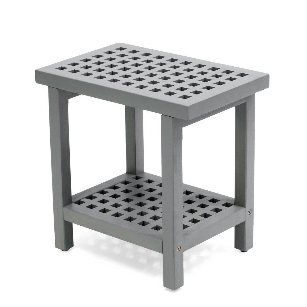 Armin 18.1 in. Modern Classic Grid Slat Solid Acacia Wood Indoor/Outdoor Shower Stool, Gray
