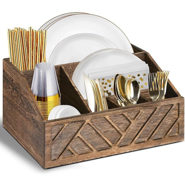 6 in. H x 13 in. W x 9.3 in. D Brown Wood Paper Plate Dispenser, Flatware Organizer Box for Kitchen Counter